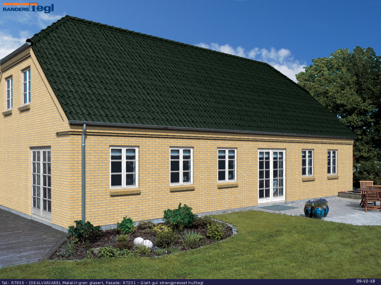 Tag: RT855 IDEALVARIABEL Malakit-gr&oslash;n glaseret Laumans vingefalstagsten
Facade: RT201 Gule glatte maskinsten